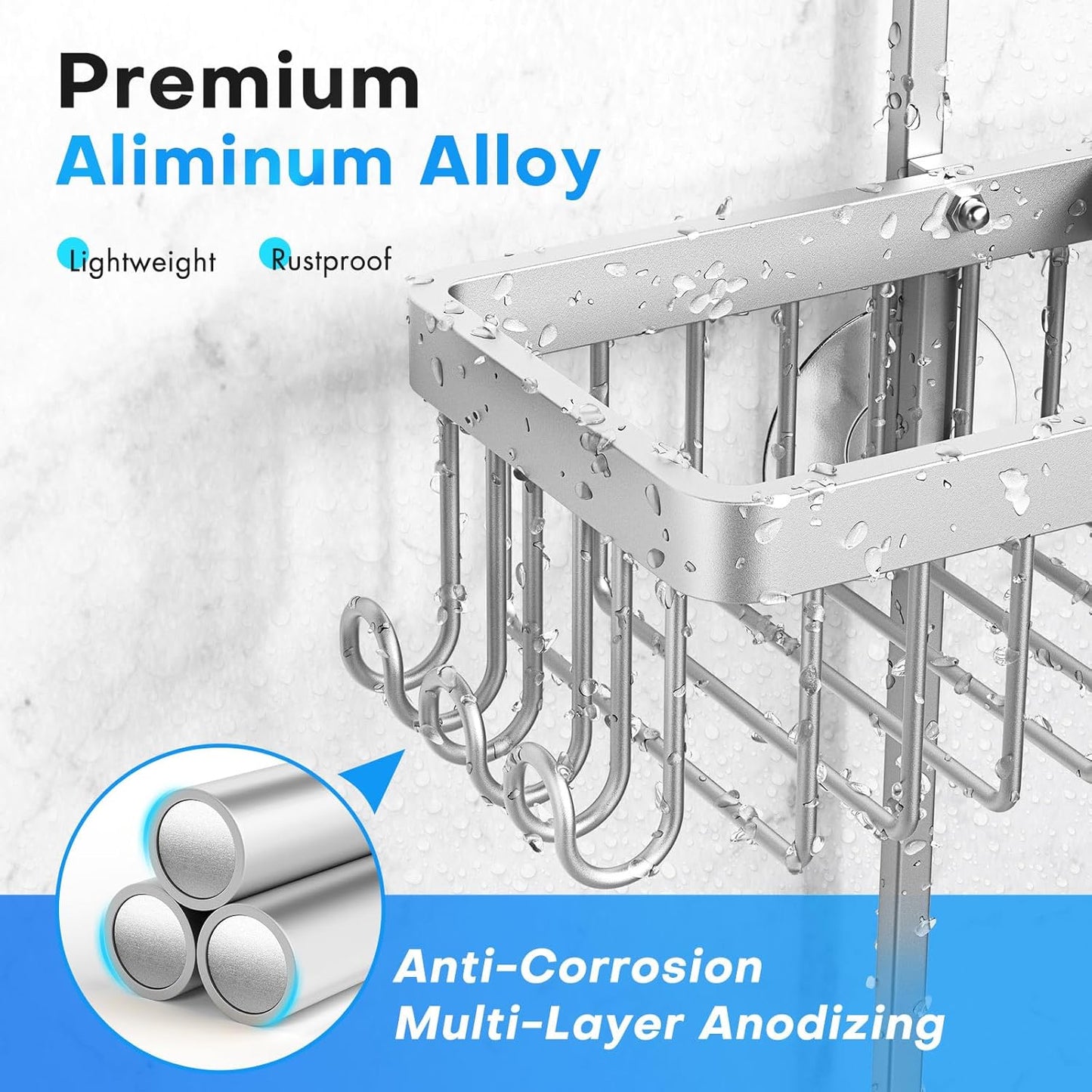 Sewulidon Aluminum Alloy Shower Caddy - Rustproof Hanging Organizer with Adjustable Height & Hooks