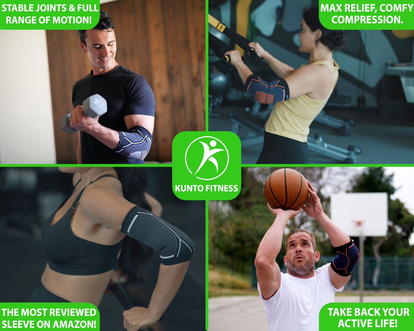 Kunto Fitness Elbow Brace Compression Support Sleeve for Tendonitis, Tennis Elbow, Golf Elbow Treatment - Reduce Joint Pain During Any Activity!