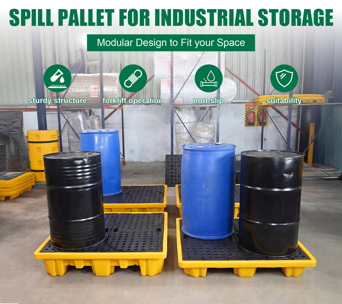 Natotela 4 Drum Large Capacity Spill Containment Pallet Platform with Drain and Forklift Pockets 69 Gallon Sump 51.2x51.2x11.8in 5511 lbs Load Spill Pallet LDPE Containment Tray for Industrial Storage