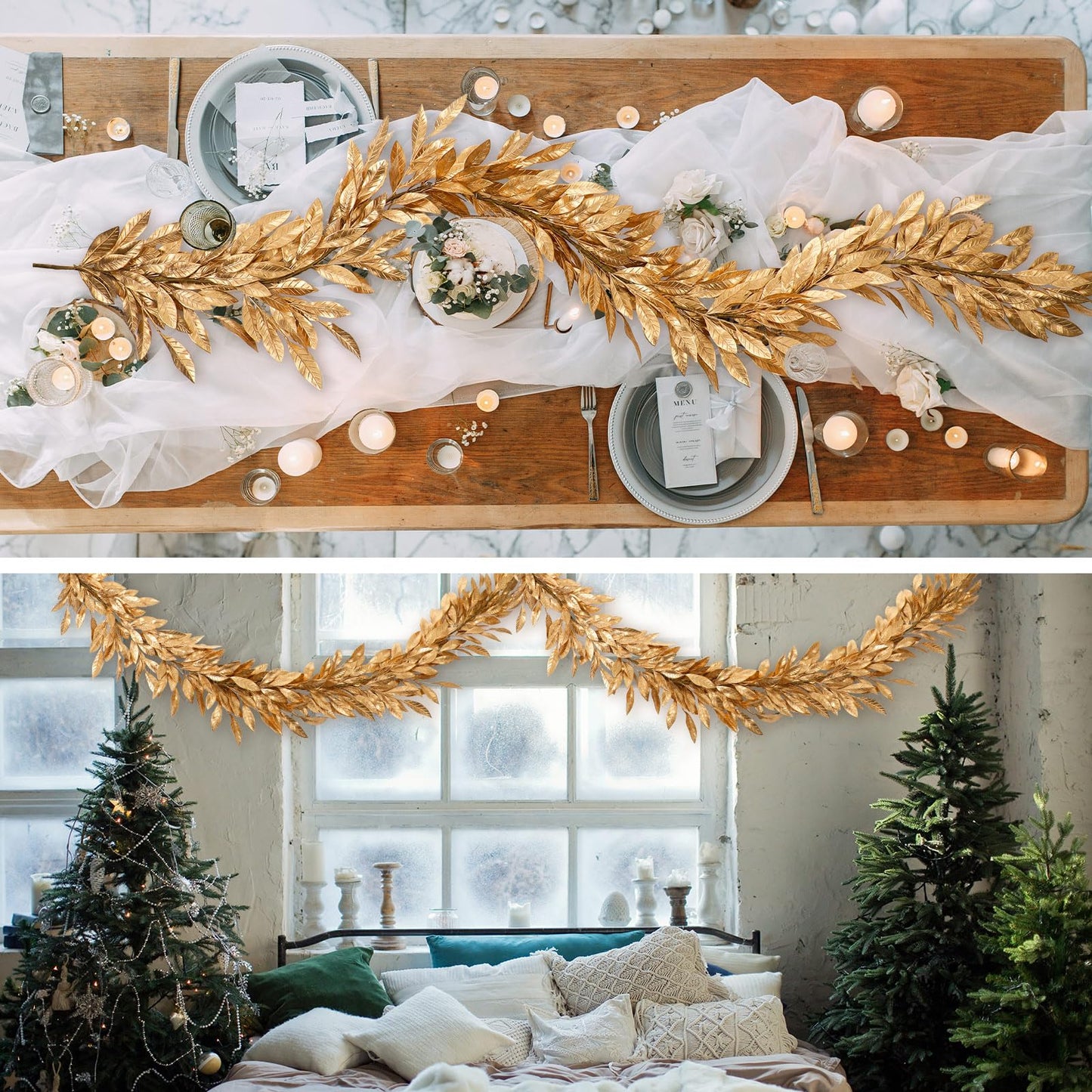 Jutom 9 Ft Gold Christmas Bay Leaf Garland Decoration Gold Bayleaf Garland for Christmas Fireplace Front Door Stairs Decoration Xmas Holiday Winter Engagement Birthday Wedding Supplies