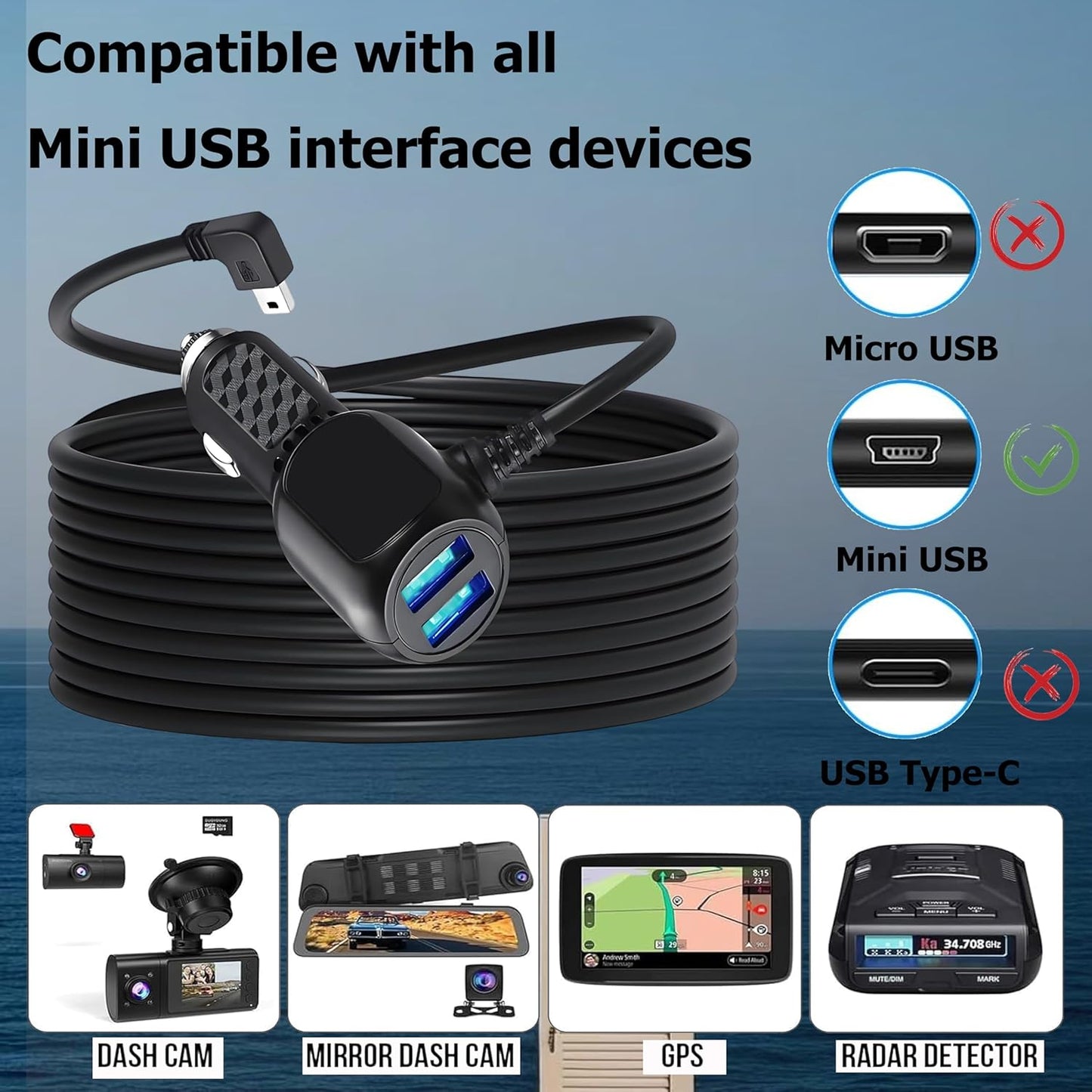12V-24V (11.5FT) MAYWILLA Car Dash Cam Charger Cable,Mini USB Dash Cam Power Cord with Dual USB Port Vehicle Charging