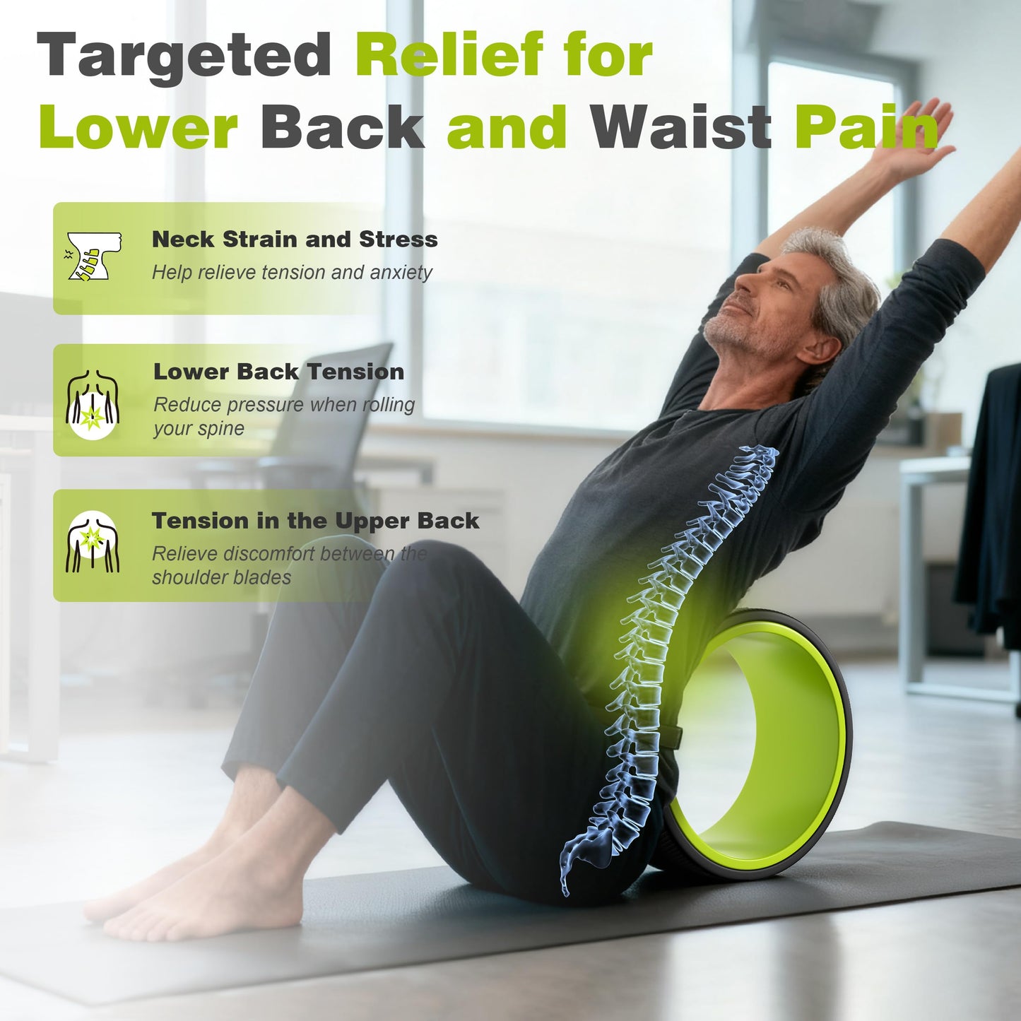 Back Roller Wheel - 3 Pack Yoga Foam Roller for Physical Therapy & Back Stretcher, Deep Tissue Massage for Pain Relief & Stretching | Green.