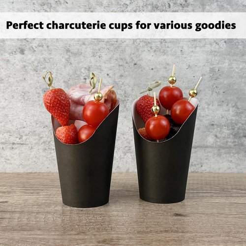 CAMKYDE 50 Pcs Disposable Black Charcuterie Cups, 12oz French Fries Holder French Fry Cups for all Occasions (12oz, Black)