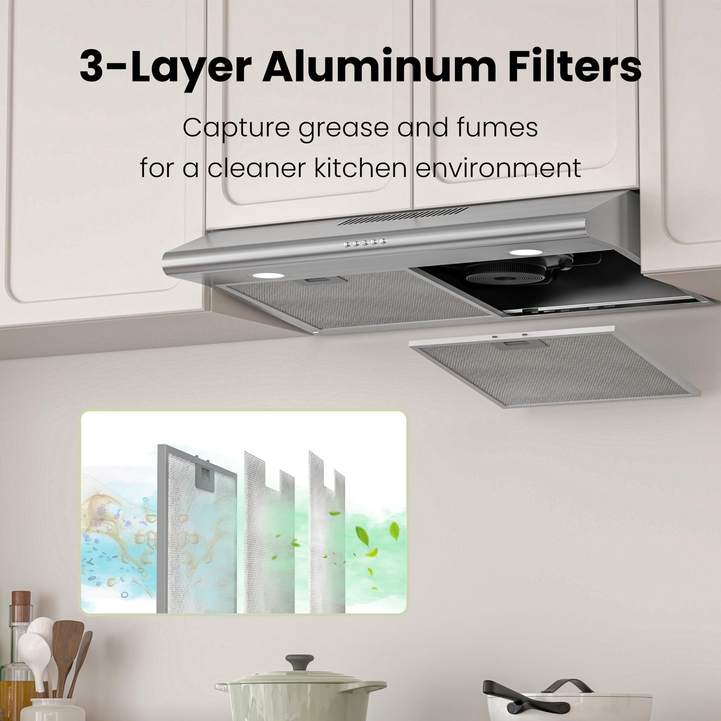 FIREGAS 30 Inch Under Cabinet Range Hood, 300 CFM Ducted/Ductless Kitchen Vent Hood Over Stove, 3-Speed Exhaust Fan with LED Light, Reusable Filter & Charcoal Filter, Stainless Steel