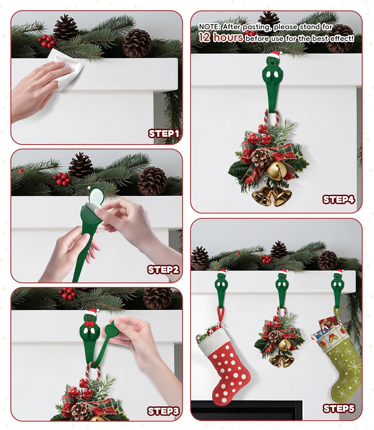 Skiennix Christmas Garland Hangers - Reusable Silicone Stocking Holders for Fireplace & Mantle | Large Green 6 Pack