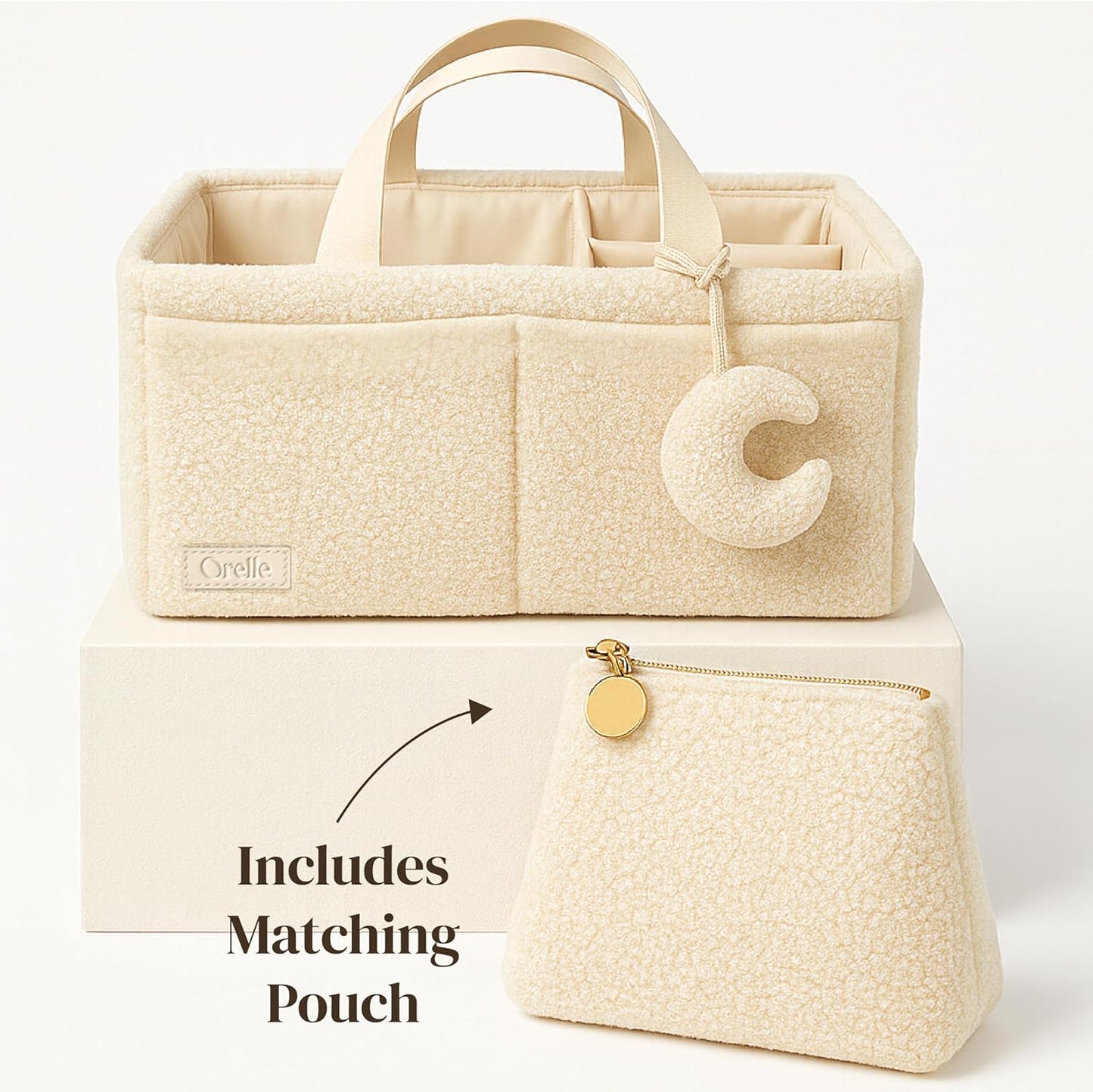 Orelle Bouclé Diaper Caddy Organizer - Portable Changing Table with Matching Pouch & Moon Pendant | Cream
