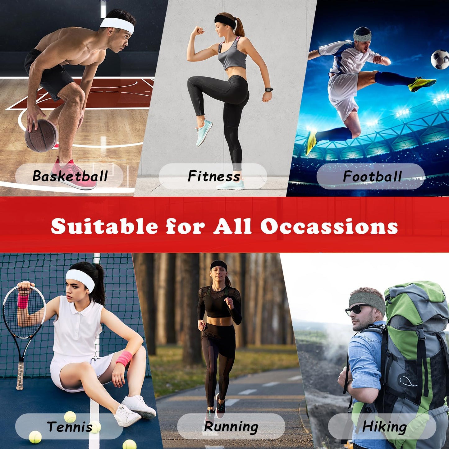 Pejnl Sweatbands Sports Headbands for Men & Women - 3 Pack Moisture Wicking Cotton Headband for Tennis, Basketball, Running, Gym - Sweat Band