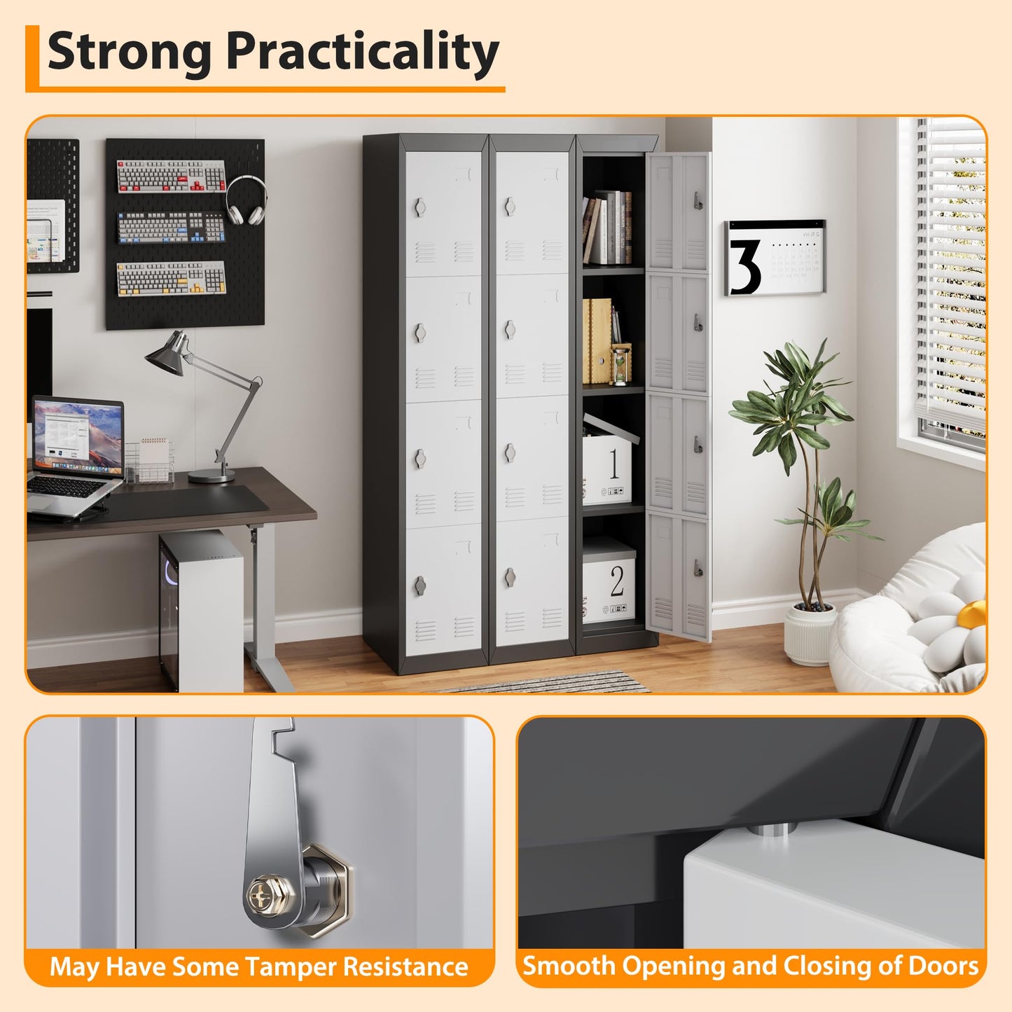 GarveeTech 72’’ Metal Storage Cabinet with 4 Door, Lockers for Employees Students with Shelves, Metal Storage Steel Locker for School Office Gym Home Warehouse, Assembly Required, Grey+Black