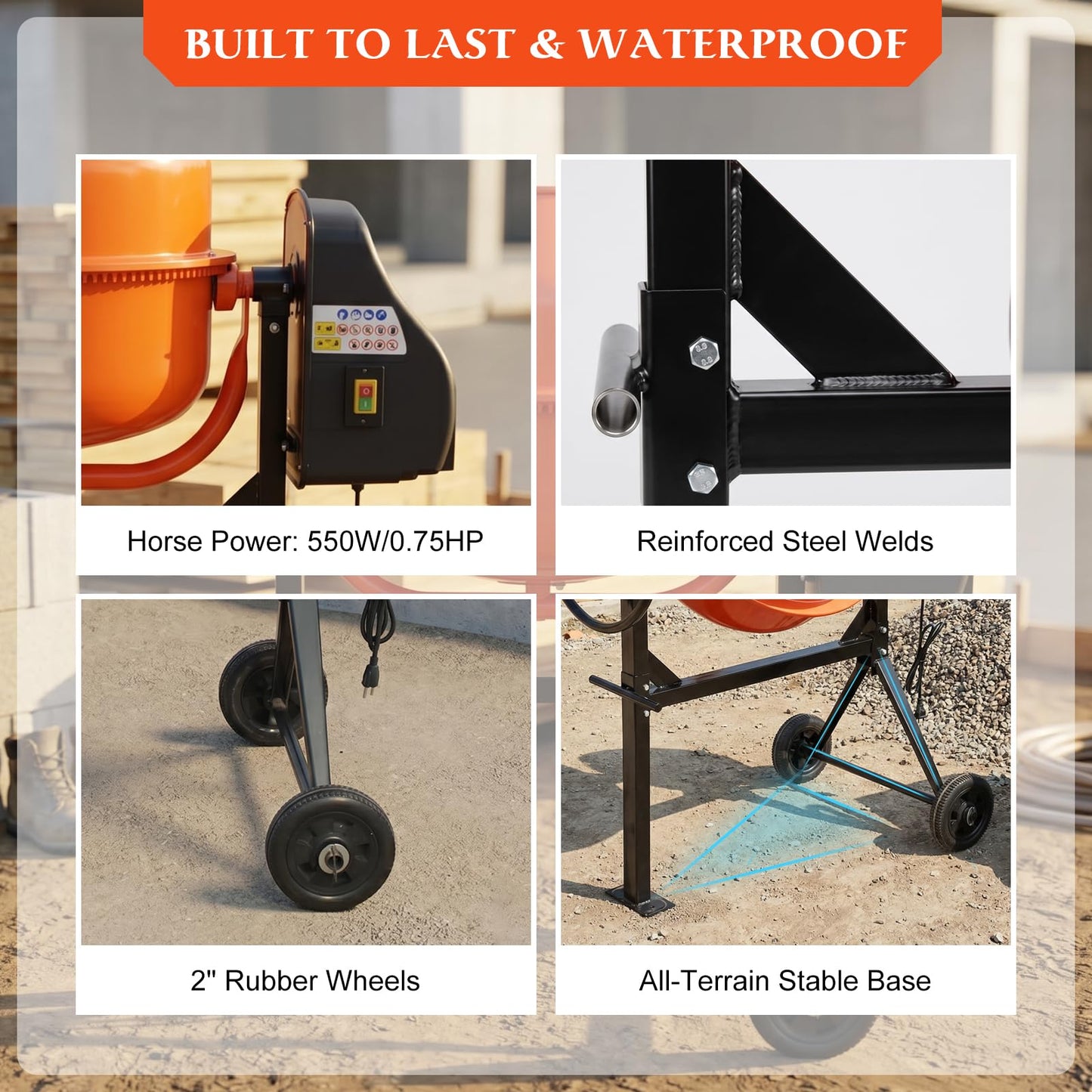 PulSpeed 5 Cubic Ft Concrete Cement Mixer with Wheel and Stand,Electric ConcreteMixer 0.75 HP 550W Adjustable Tilt, Portable Heavy Concrete Mud Mixer Toolsfor Mortar Stucco Seeds and Fodder