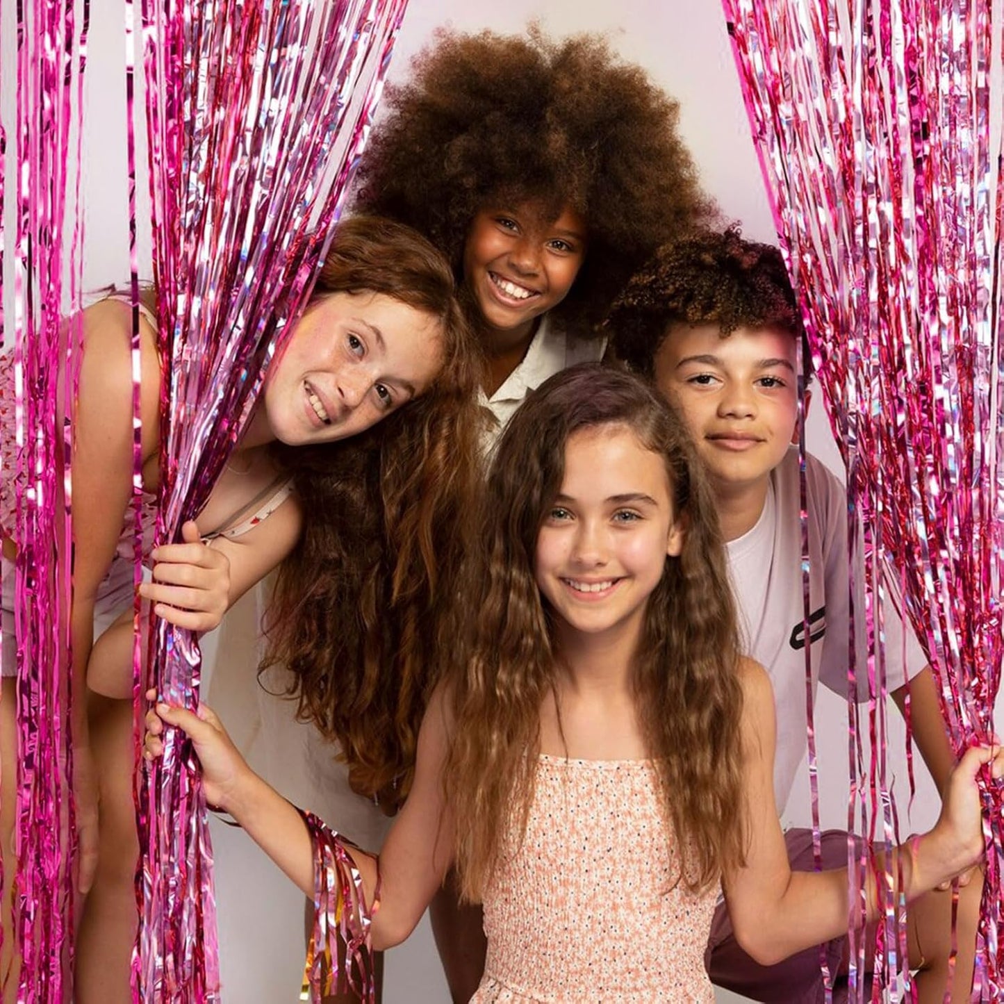 Pink Metallic Tinsel Foil Curtains by [Brand Name] - 2 Pack Photo Booth Backdrop for Parties & Events