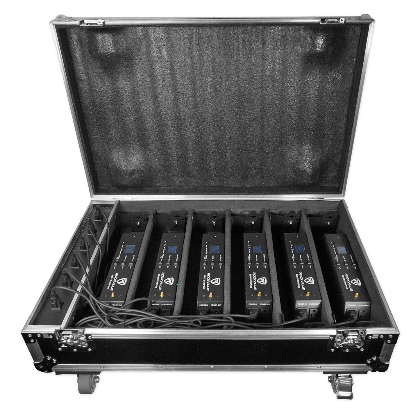 Rockville Best Strip 60 Pack Black 6 Battery-Powered 36W Each LED Strip Lights RGBWA+UV Wireless DMX Rechargeable Charging Case with Remotes Brackets and Cables for DJs and Event Lighting