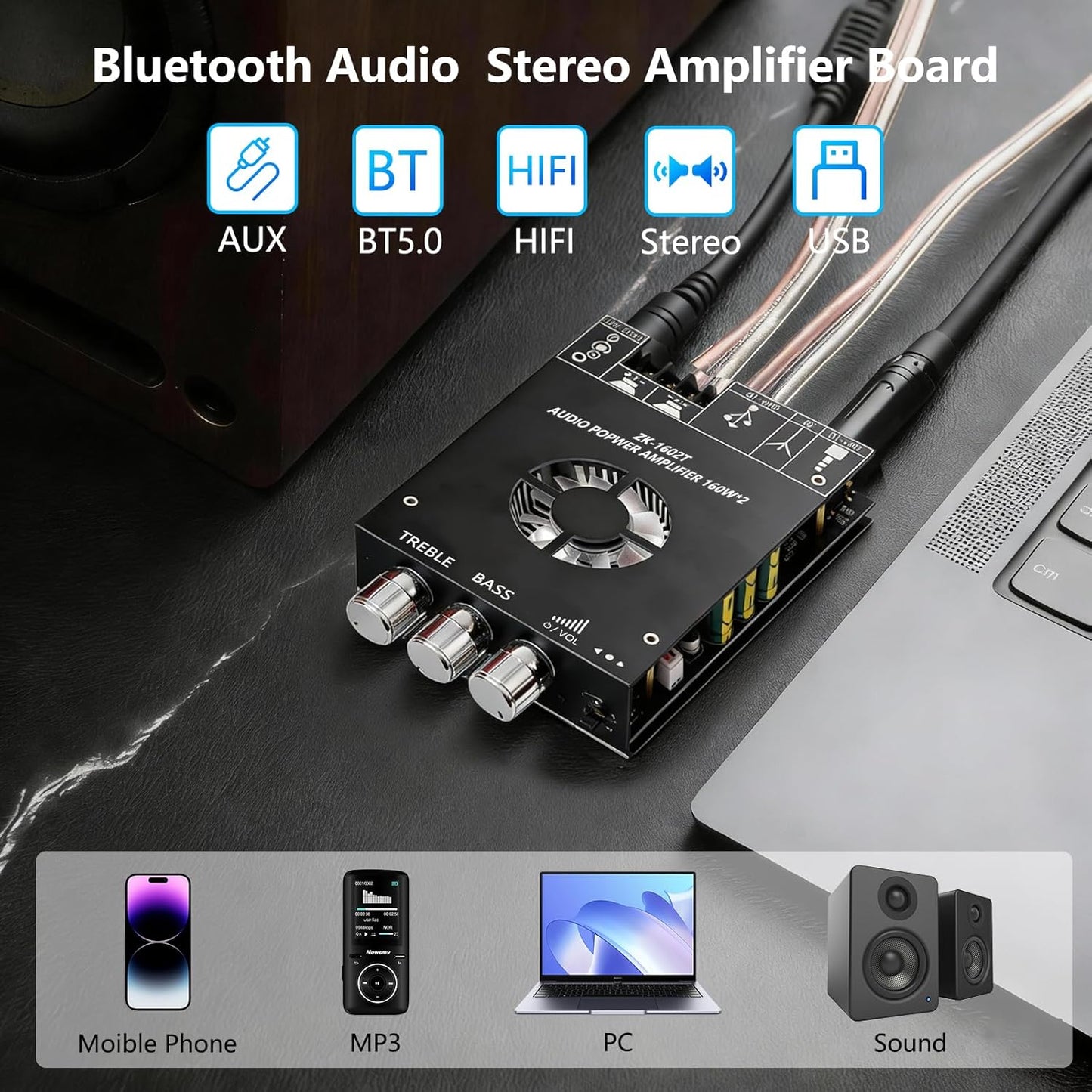 Generic 5.0 Board,160 2W 2.1 15-36 Bluetooth Audio Stereo Amplifier * HiFi Channel Mini Amp Module with Treble & Bass