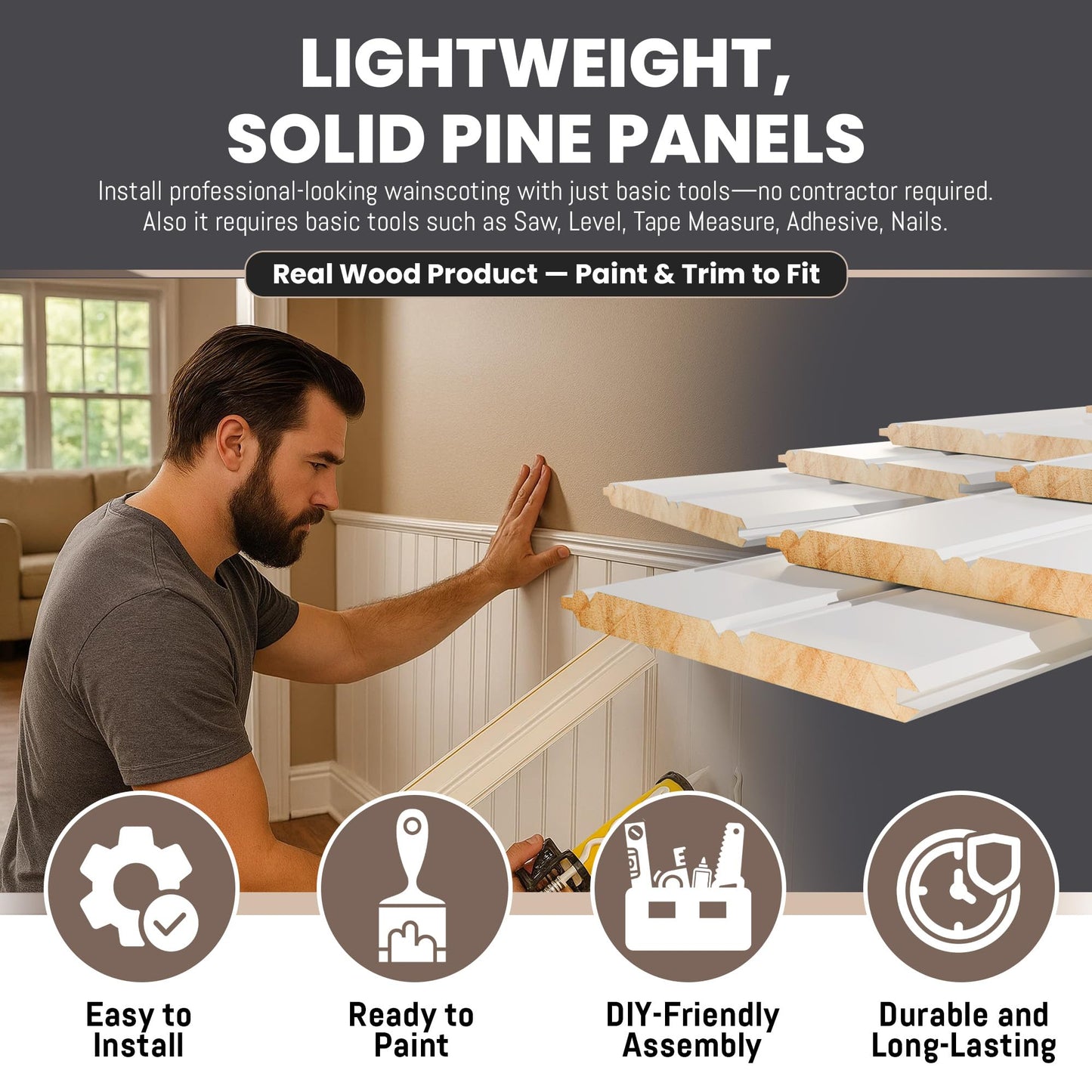 Interwood Real Wood Beadboard Wainscoting Panels - Primed Tongue and Groove Pine Solid Wood Wall Panels, 32” Tall, Knot-Free Interior Wall Paneling, Ready to Paint, 12 Planks (Covers 3.5 Lin. Ft.)