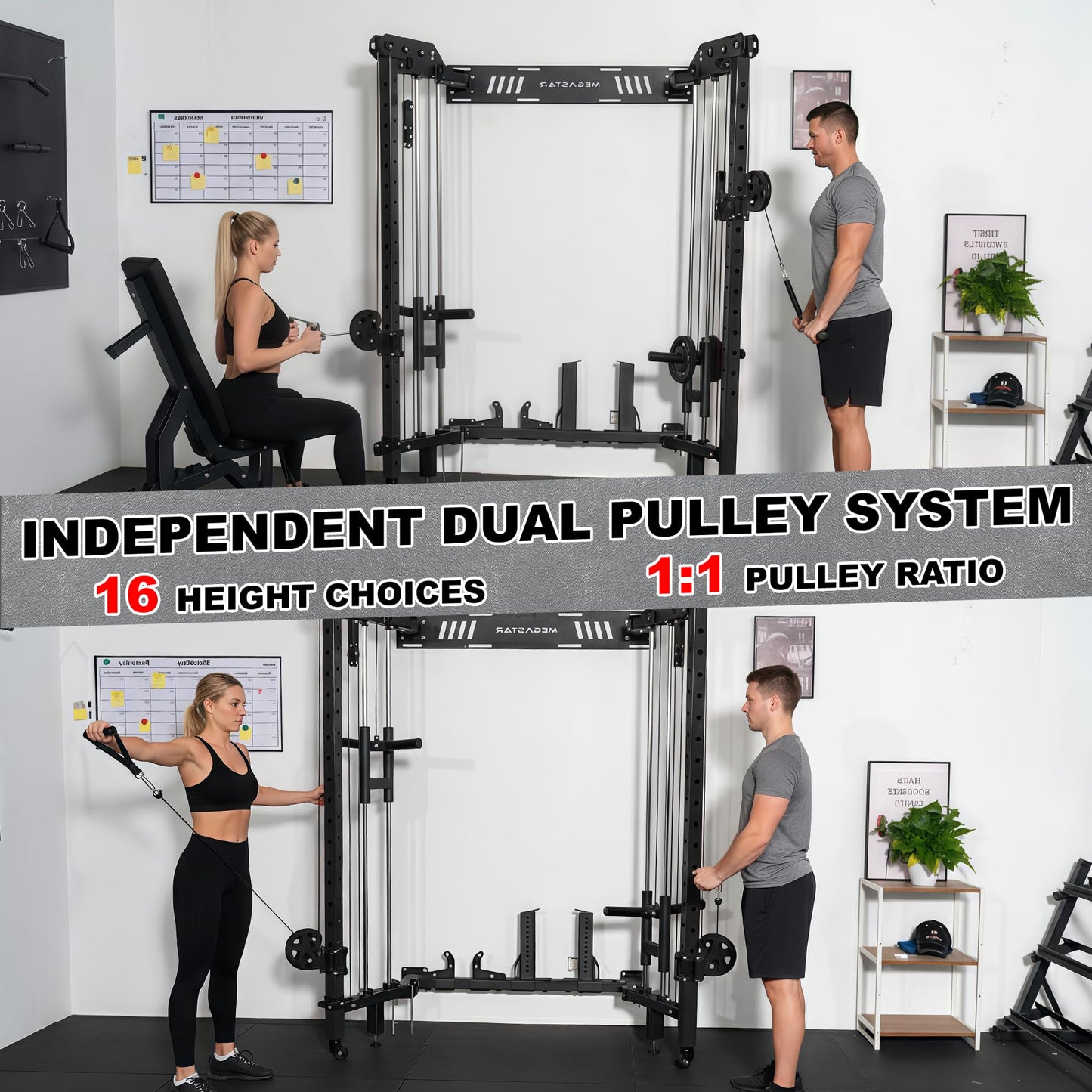 MEGASTAR FITNESS Power Cage, Folding Power Rack, 2000LBS Wall Mounted Squat Rack with Cable Pulley System, Landmine Attachment and Multi-Grip for Home Gym Small Space