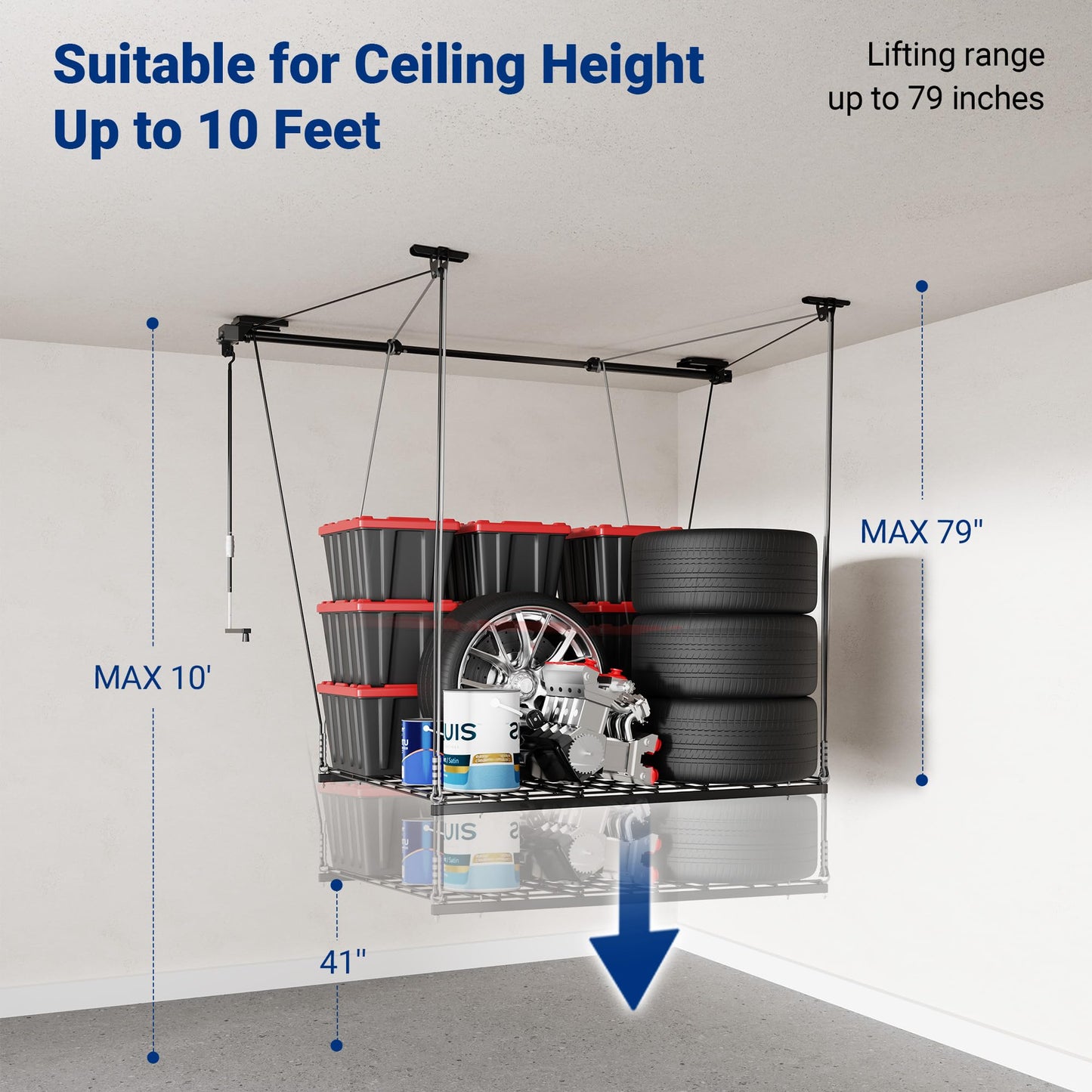FLEXIMOUNTS Garage Lifting Metal Rack, 4x4 Ft Overhead Garage Storage Racks, Adjustable Heavy-Duty Ceiling Organization System, 350lbs Weight, Satin Black
