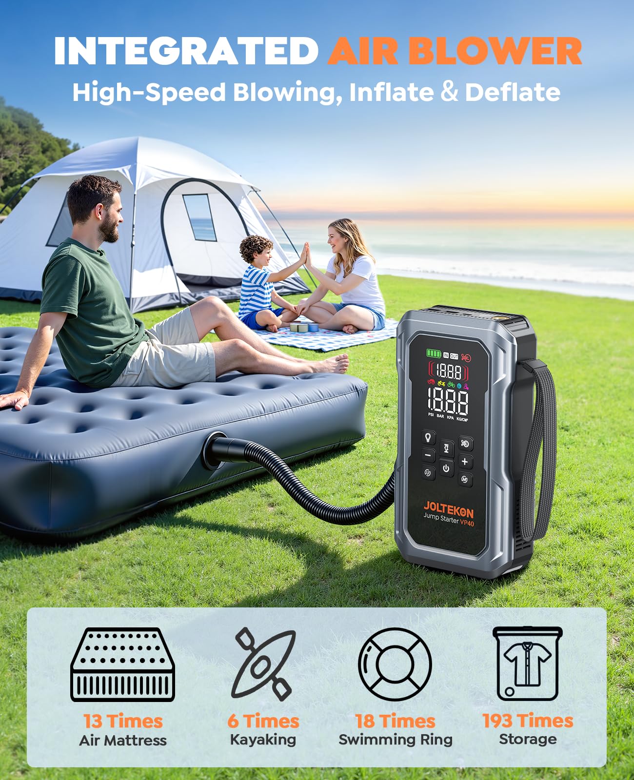 JOLTEKON 6000A 160PSI 9-in-1 Car Battery Jump Starter with Air Compressor & Air Blower (All Gas 12L Diesel), Battery Jumper Starter Portable Jump Box for Car Battery with 800LM Light/18W Fast Charge