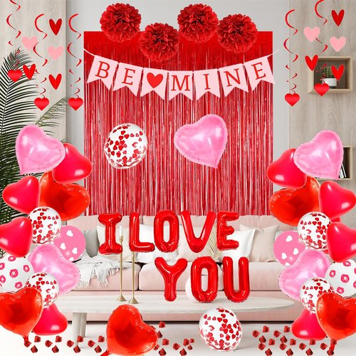 DBKL I Love You Balloons, Surprise for Girlfriend, I Love You Pink Red Heart Balloons With 1000 Pcs Dark-Red Rose Petals for Marriage Proposal Wedding Anniversary Valentine's Day