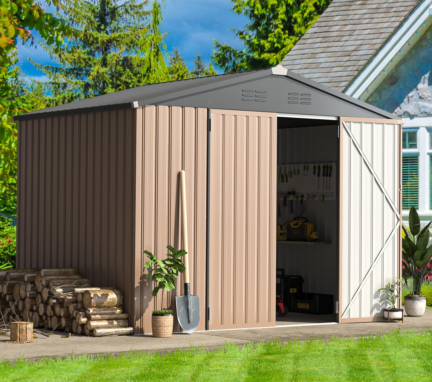AECOJOY 6x8 FT Galvanized Steel Outdoor Storage Shed, Small Metal Garden Tool Shed with Sloped Roof & Lockable Double Hingled Doors,Gray