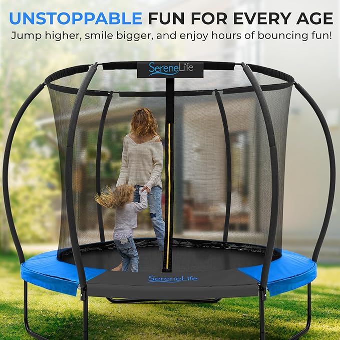 SereneLife 8FT 10FT 12FT 14FT Outdoor Trampoline for Kids and Adults – ASTM Certified Heavy-Duty Backyard Trampoline with Safety Poles, Net Enclosure, and Stable Anti-Rust Frame