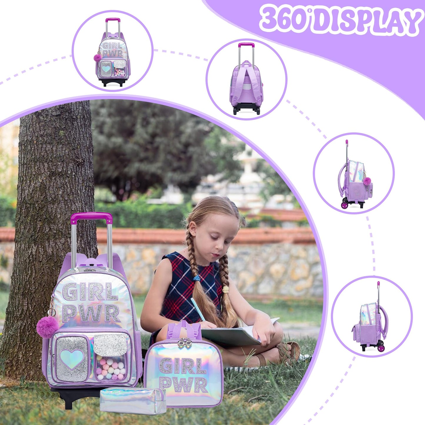 Meetbelify Rolling Backpack for Girls Backpack with Wheels for Elementary Student Kids School Bag with Lunch Box Pencil Case for Girls Ages 6-8 Years Old