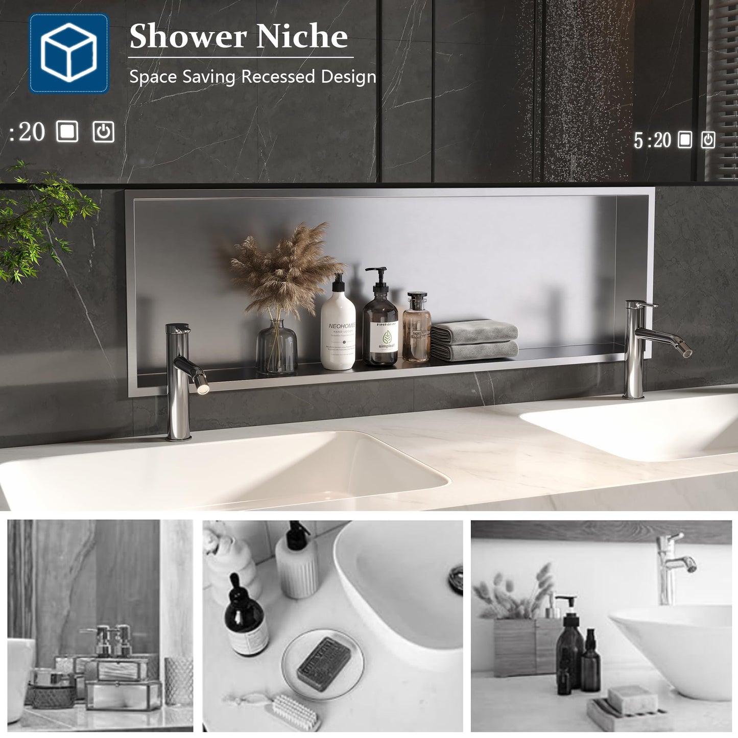 Neodrain Shower Niche, Insert Bathroom Storage Shower Shelf, Stainless Steel Recessed Wall Niche No Tiled Recessed Cabinet Waterproof for Shower Storage(Brushed,36"x12")