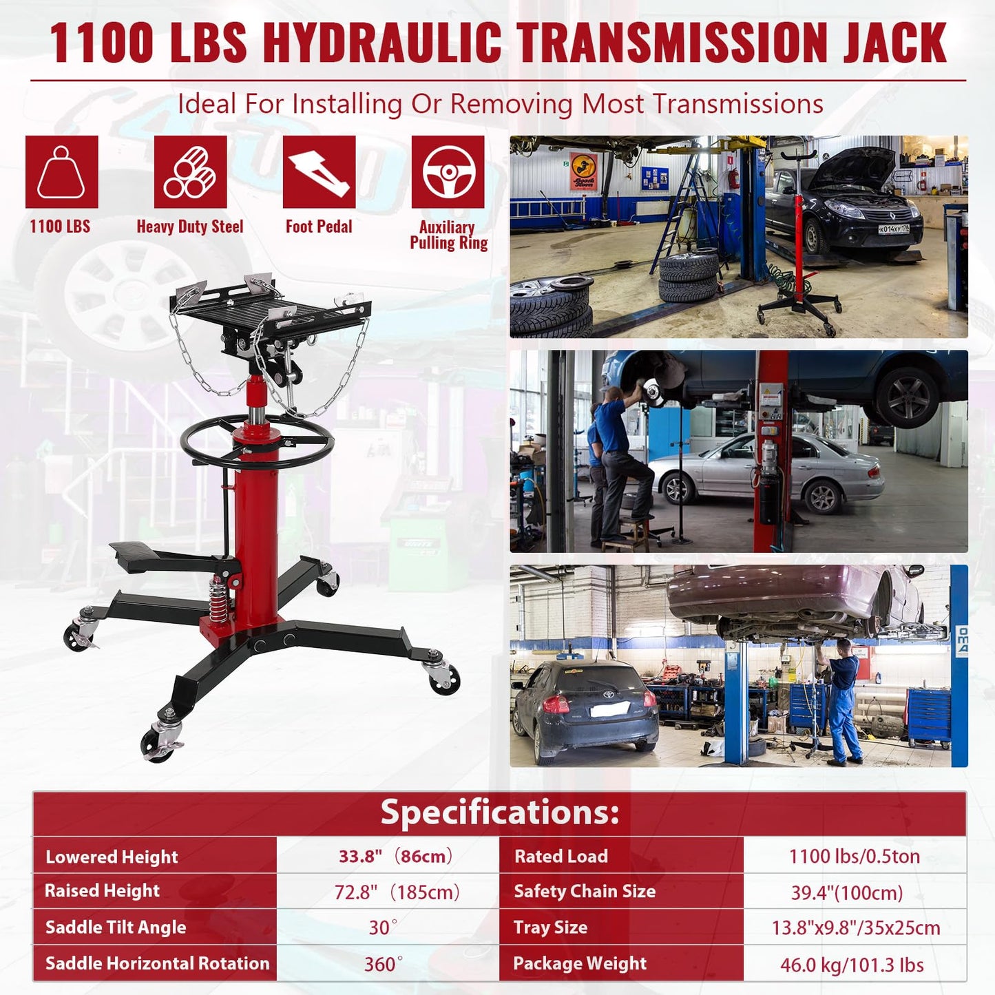 1100lbs Transmission Jack Lift with Anti-Slip Rubber Pad, Adjustable Telescoping Hydraulic Transmission Jack, High Lift Single Telescopic Jacks Hoist w/Pedal, 33.8" to 72.8" Lifting Range