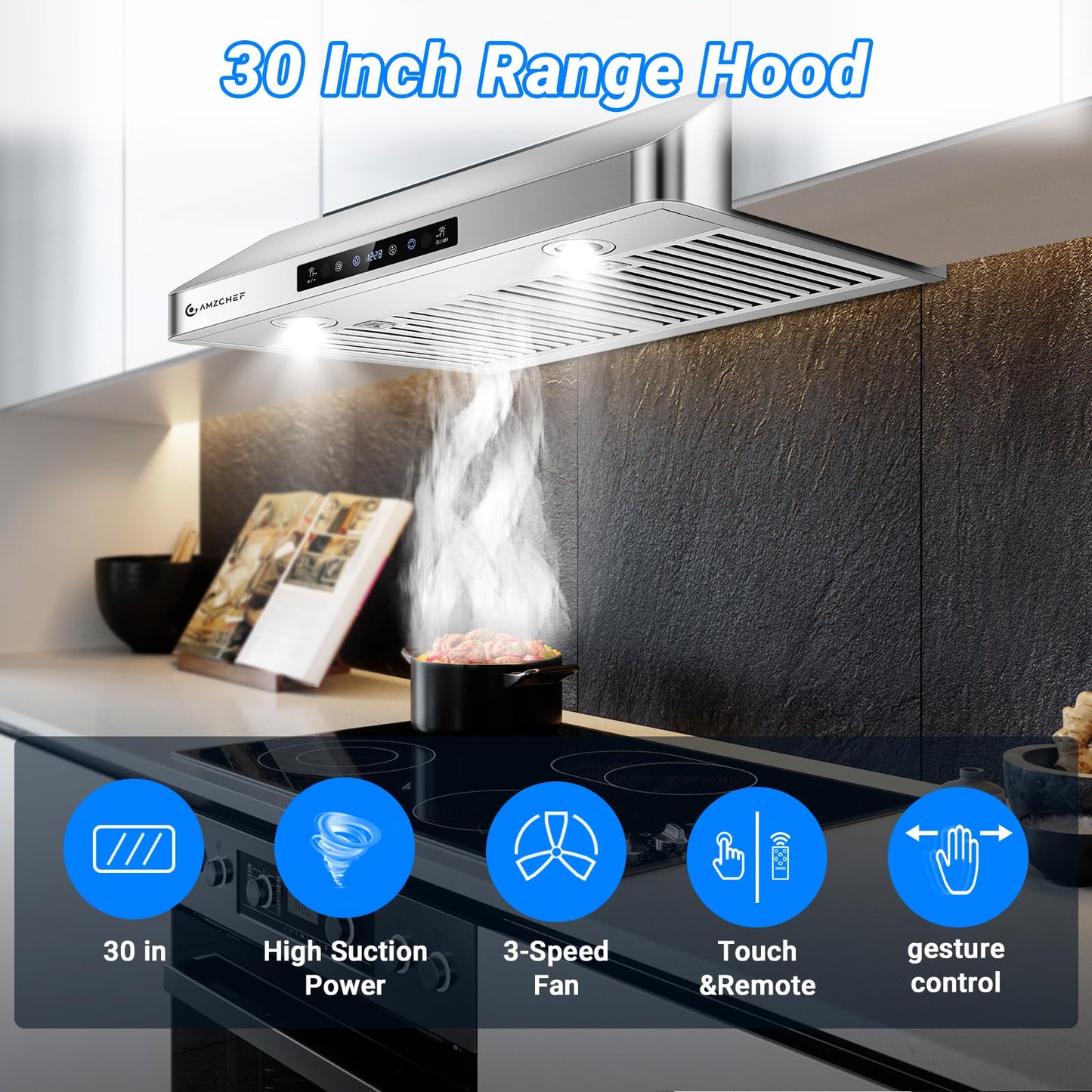 AMZCHEF Under Cabinet Range Hood 30 Inch, 750CFM Stainless Steel Kitchen Stove Vent Hood 3 Speed Exhaust Fan Touch/Remote/Gesture Control LED lights Time Setting Dishwasher-Safe Baffle Filters