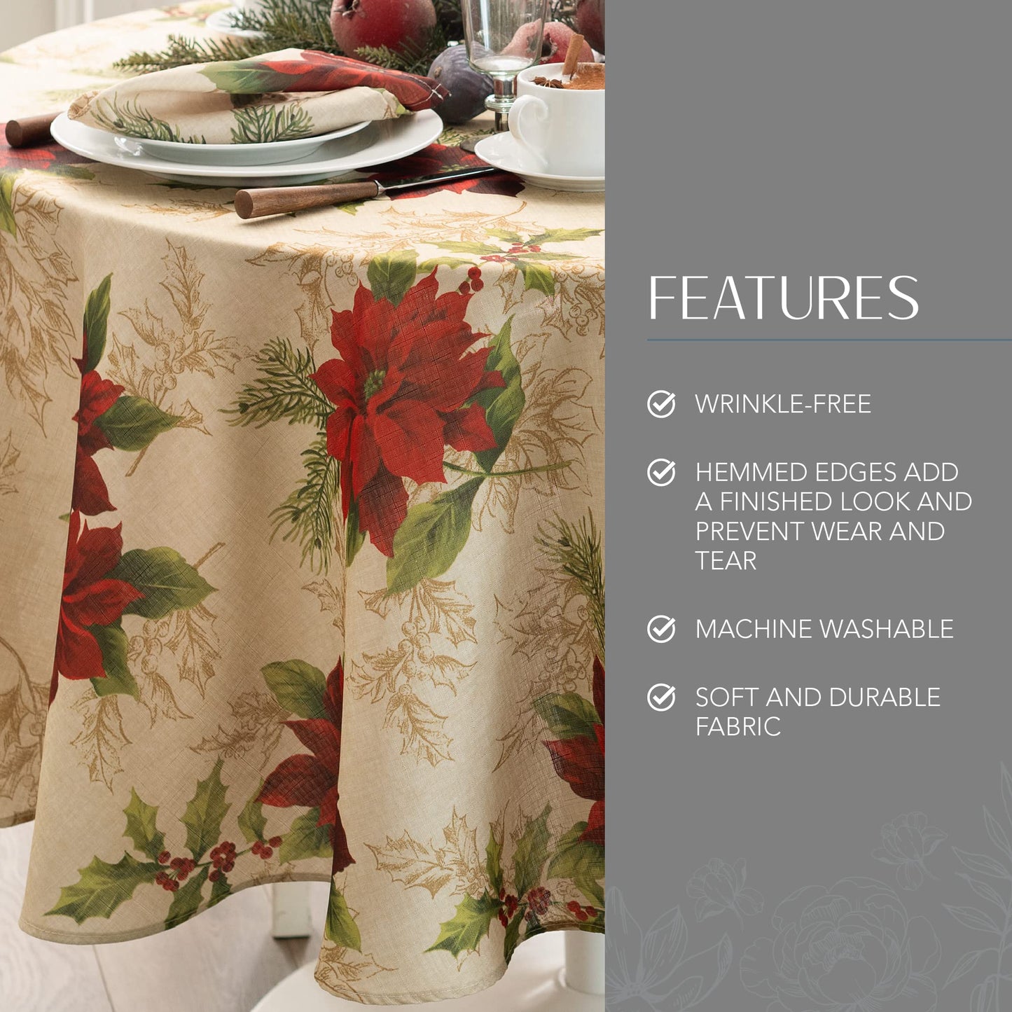 Elrene Home Fashions Festive Poinsettia Holiday Wrinkle Resistant Fabric Tablecloth, Multi, 60"x84" Oval