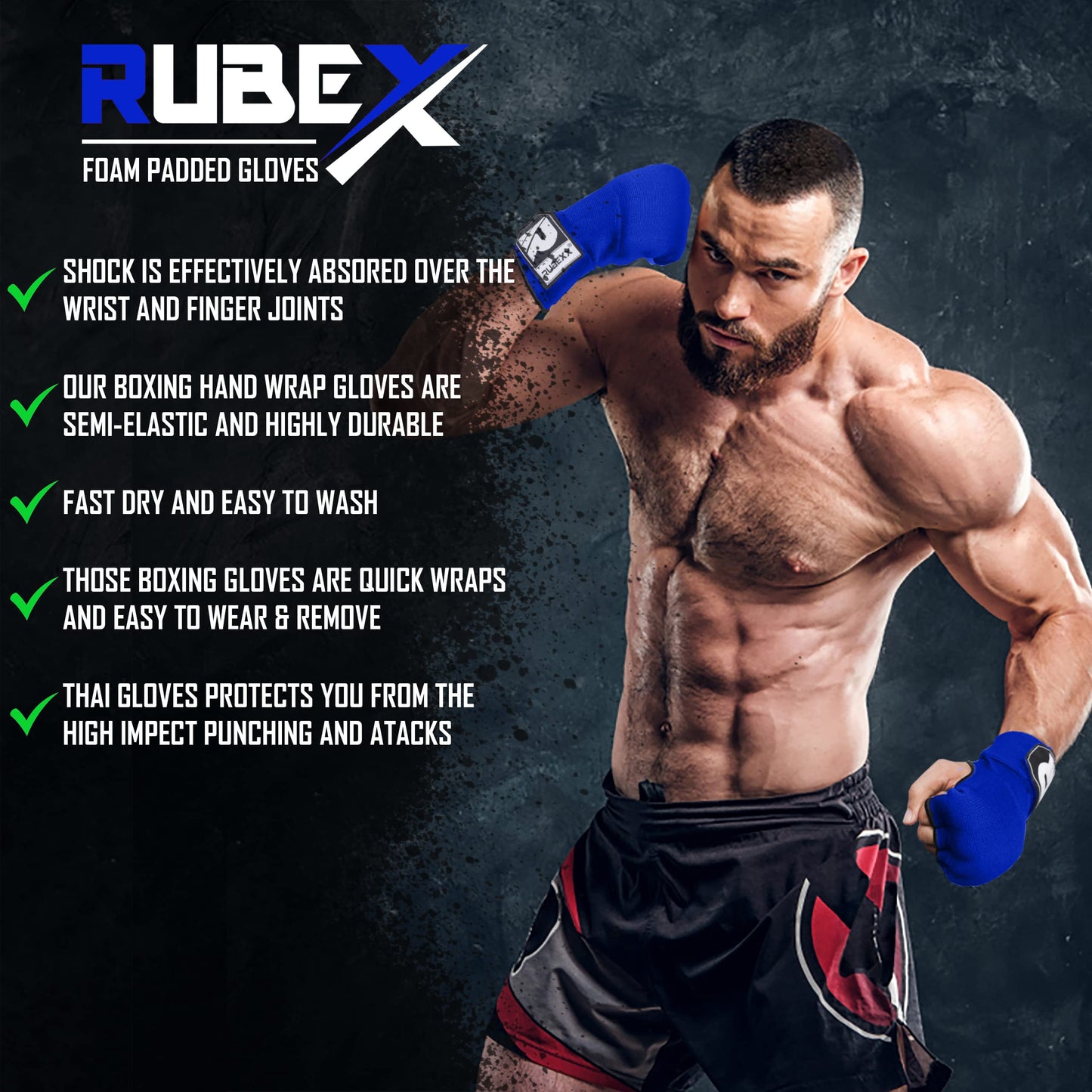 RUBEXX Slip on Boxing Hand Wraps Padded Thick Knuckle Inner Gloves 36 inches Elastic Wrist Strap Quick Wrap Under Mitts Martial Arts Muay Thai MMA Kickboxing Men Womem (Blue, S)