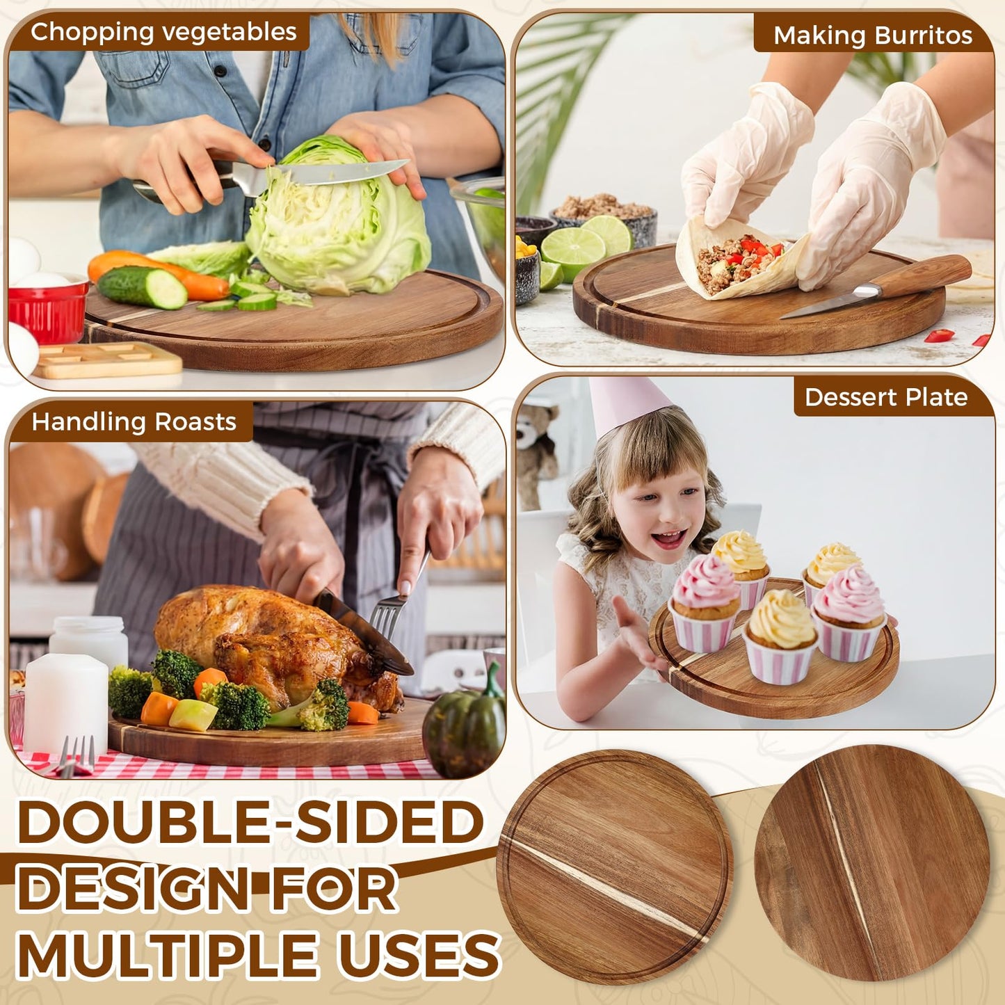 Patelai 10 Pcs Round Wood Cutting Boards Bulk 14 Inch Acacia Wooden Charcuterie Boards 0.6 Inch Thick with Juice Groove Bread Pizza Meat Fruit Cheese Vegetable Chopping Cutting Kitchen Serving Tray