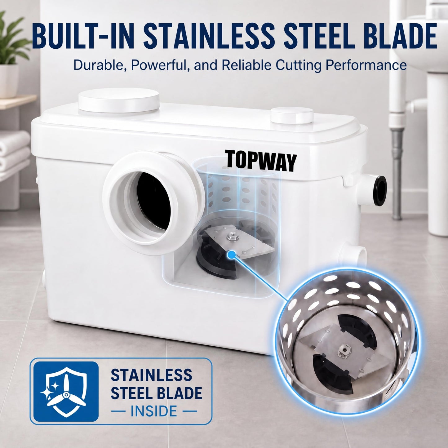 TOPWAY 900W Macerator Pump, 2800GPH Macerating Toilet System with 3 Inlets, Sewage Pump for Basement Upflush System Kitchen, Sink, Shower, Bathtub, Laundry Waste Water Disposal