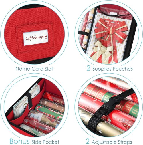 Hearth & Harbor Wrapping Paper Storage Container - Tear-Proof Christmas Gift Wrap Organizer | Fits 22 Rolls, Red