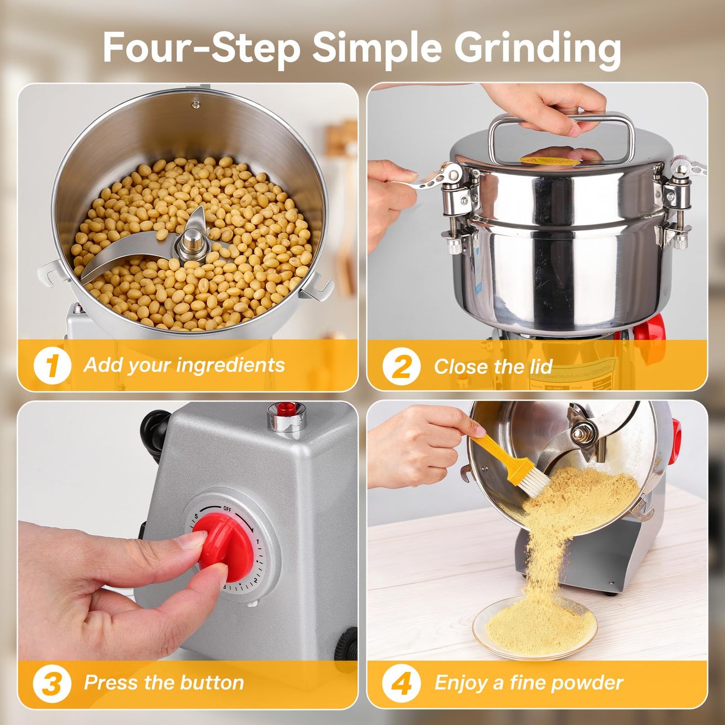 Jivoxia 3000G Grain Mill, 3600W Flour Mill Grinder for Home, 36000 RPM Electric Stainless Steel Grinder for Commercial & Kitchen Use, 270° Swivel for Soybean, Millet, Coffee and Other Dry Foods