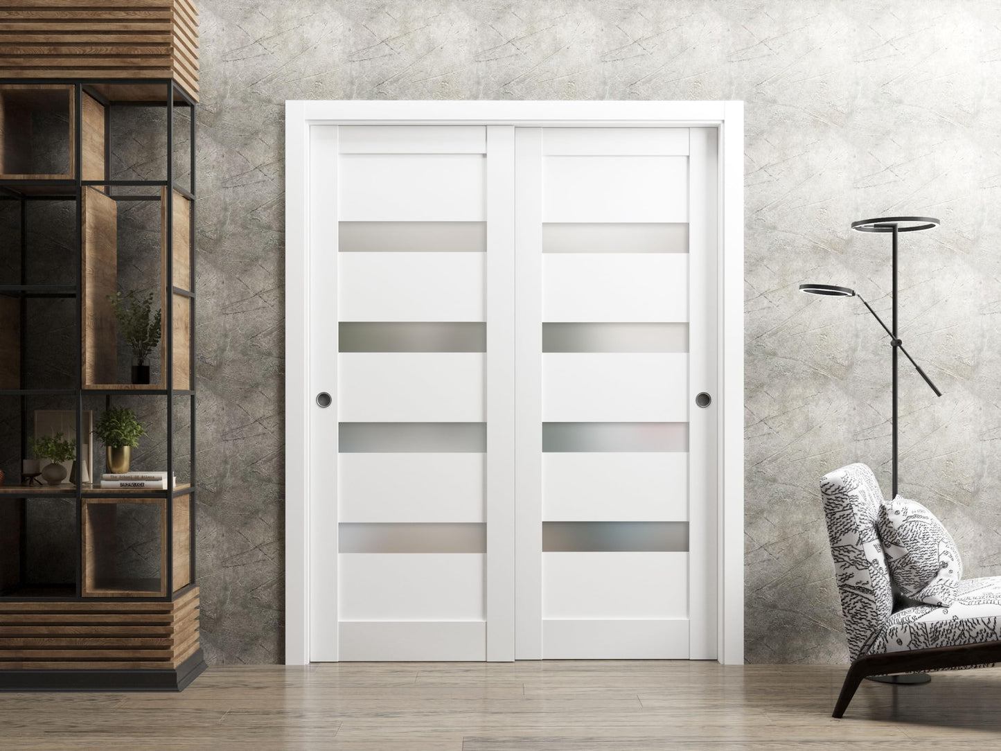 Sliding Closet Door SARTODOORS Quadro 4113 Bypass Interior Doors with Frosted Glass, MDF, 60x80, White, Modern Style Hardware Included