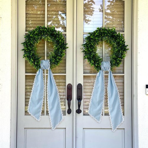DYSHAYEN Wreath Sash - Canvas RIC Rac Trim for Front Door | Blue Gingham with White Trim