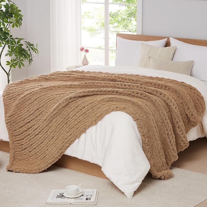 L'AGRATY Chunky Knit Blanket Throw: 50''x60'' Chenille Chunky Knitted Throw Blanket for Bed Couch - Handmade Thick Big Cable Knit Blanket - Large Crochet Rope Blankets for Home Decor(Tan)