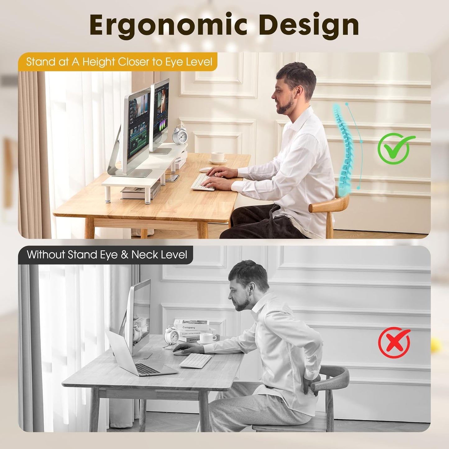 47 Inch 2 La Jaco Extra-Long Dual Monitor Stand Riser for Monitors, Desk Shelf TV Riser Blocks, Wood and Steel Desktop