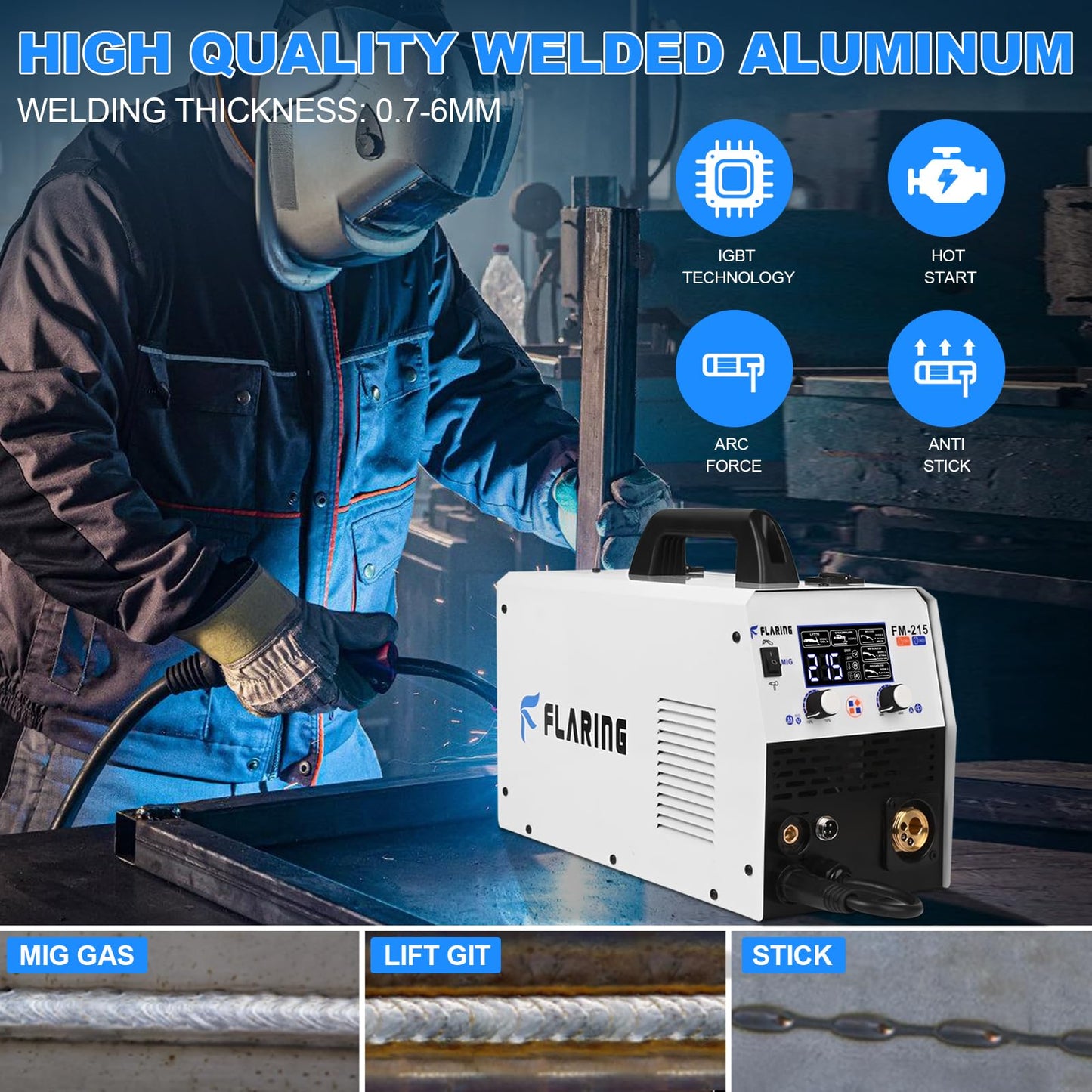 FLARING MIG Welder 215amp 6 IN 1 Welder Machine 120V/240V Flux Core/Gas MIG/Stick/Lift TIG/Spot welding/Spool Gun Multi-Process 2lbs/11lbs Wire Compatible IGBT Inverter Portable Welder