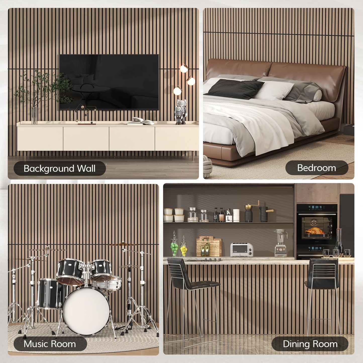 TONOR 4PCS Wood Slat Panels, 48” x 24”Adhesive Acoustic Panels for Wall, Decorative 3D Fluted Panels for Sound Absorbing, Soundproof Panels with Wood Finish for Living Room, Dark Walnut