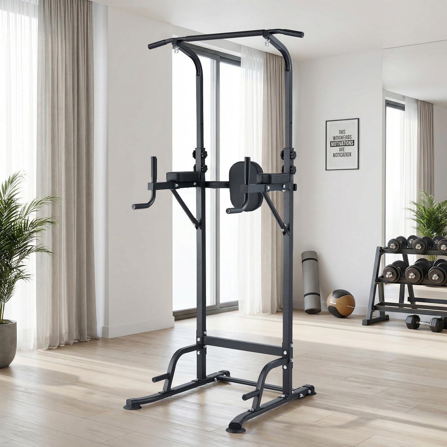 COZONY Adjustable Power Tower Pull Up & Dip Station – Multifunction Strength Training Equipment – 880LBS Capacity – Space-Saving Standalone Chin Up Bar – Black Color