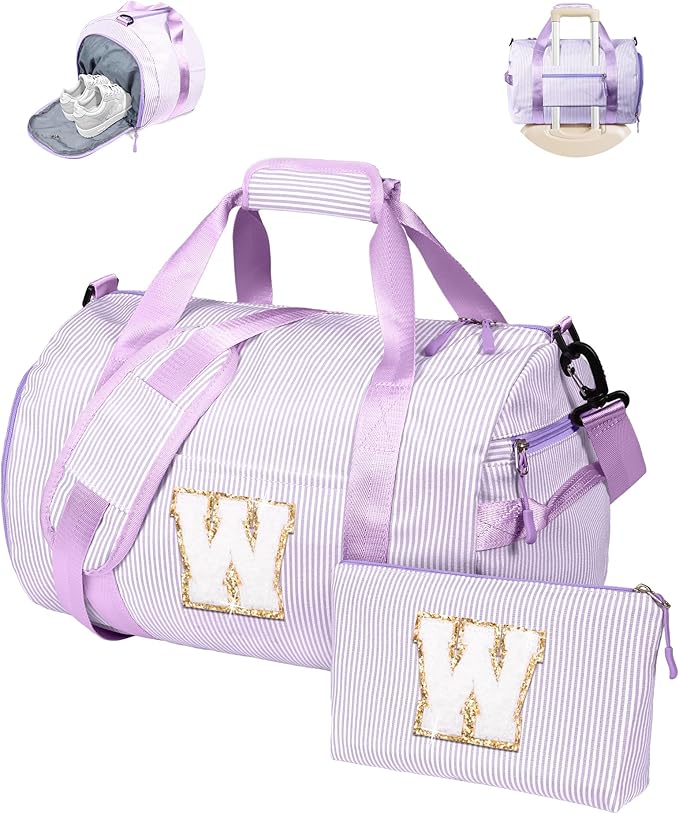 Christmas Gift for Her, Girl Gym Bag, Kids Initial Overnight Duffel Bags with Shoe Compartment, Personalized Dance Bag with Makeup Pouch, Tween Girls Gifts Trendy Stuff (Letter W)