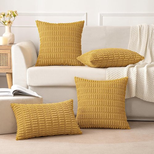 MIULEE Corduroy Throw Pillow Covers - Soft Boho Striped Design | 18x18 Inch Yellow for Modern Farmhouse Decor