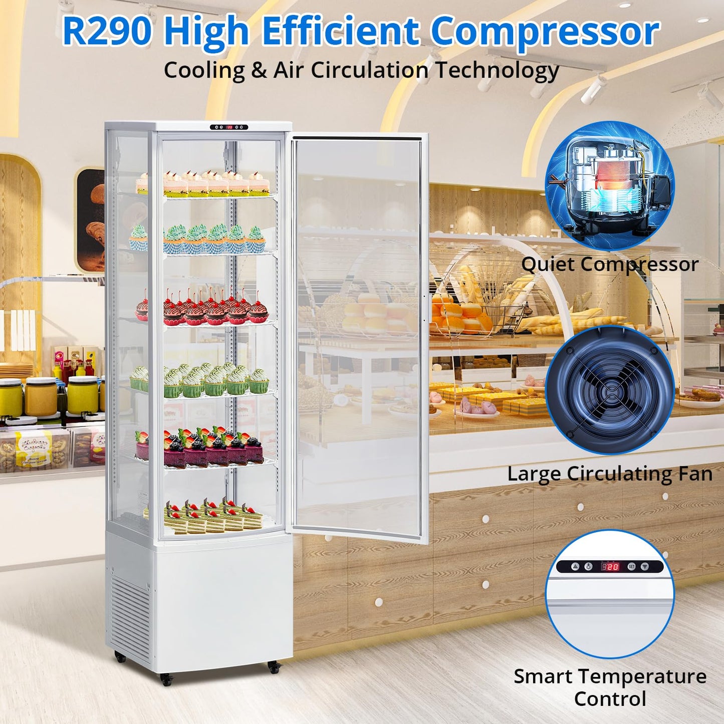 SierraSquad 10.9 Cu.ft Commercial Display Refrigerator Case, Refrigerator Pastry Display Case with Adjustable Shelves, LED Lighting & Auto Defrost, Double-Layered Glass, for Bakery, Cafe, Restaurant