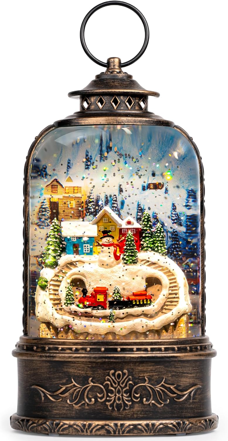 Skiennix Christmas Snow Globe Lantern - Glittering Snowman & Train with Music | USB & Battery Operated