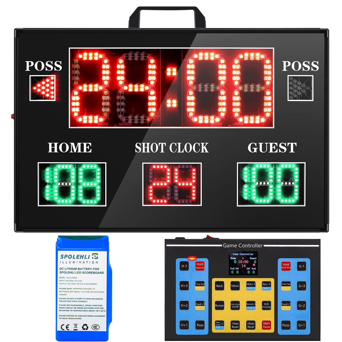 Spolehli Large Electronic Scoreboard with Wireless LCD RF Controller - 22.4x14.6 Big LED Display, 100Ft Visibility, Dual Power Options, Flexible Timing Control for Indoor/Outdoor Sports Games