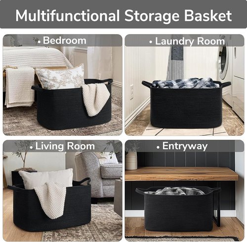 Goodpick Large Woven Blanket Basket - Stylish Storage for Toys & Laundry | 21.6" x 14.9" x 11.8" | Black
