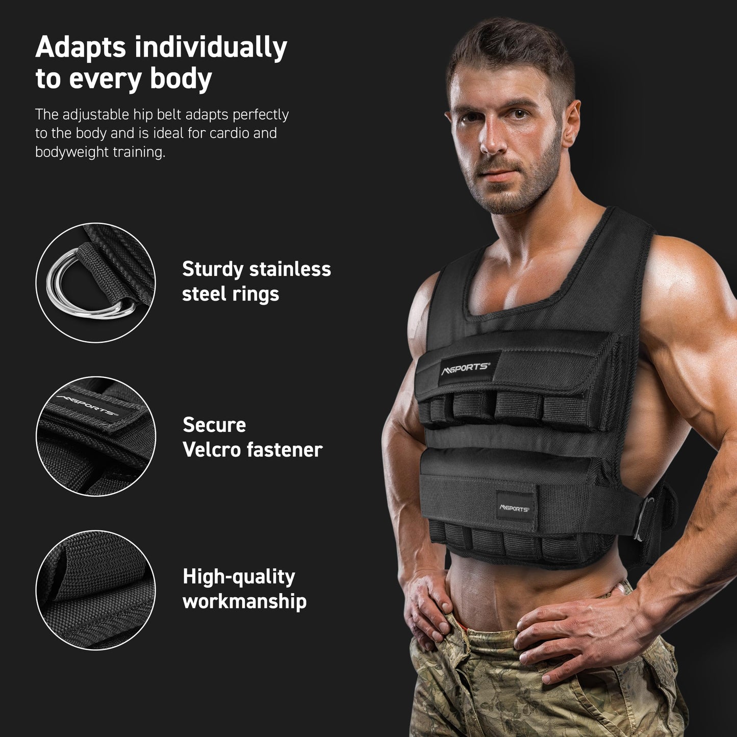 MSPORTS Premium Weighted Vest for Women & Men – Adjustable 11–65 lb, Running Vest, Walking Weighted Vest, Tactical Style Training Vest for CrossFit, Strength, Cardio & Home Workouts (Black, 45 lb)
