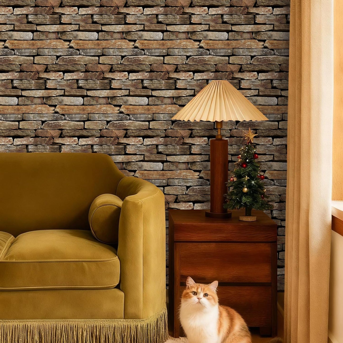 SMOOSTIKC 3D Faux Stone Wall Panels Peel and Stick, 10 Pcs 11.8" x 11.8", Stone-Look Textured Wall Sticker, Ultra-Light Thin PVC Fake Stone Wall Covering Tiles for Quick DIY, Brown with Green