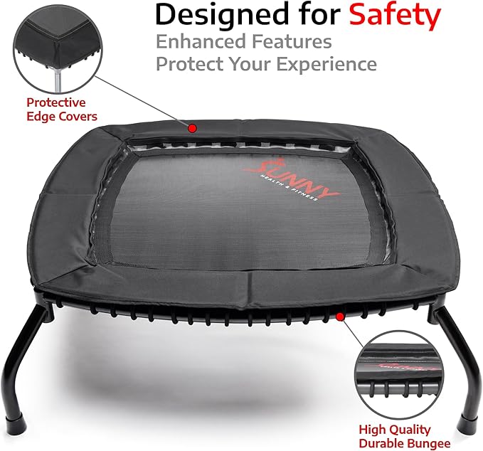 Sunny Health & Fitness Springless Mini Fitness Trampoline ??Premium Adjustable Bungee-Style Indoor/Outdoor Exercise Rebounder for Quieter and Safer Workouts