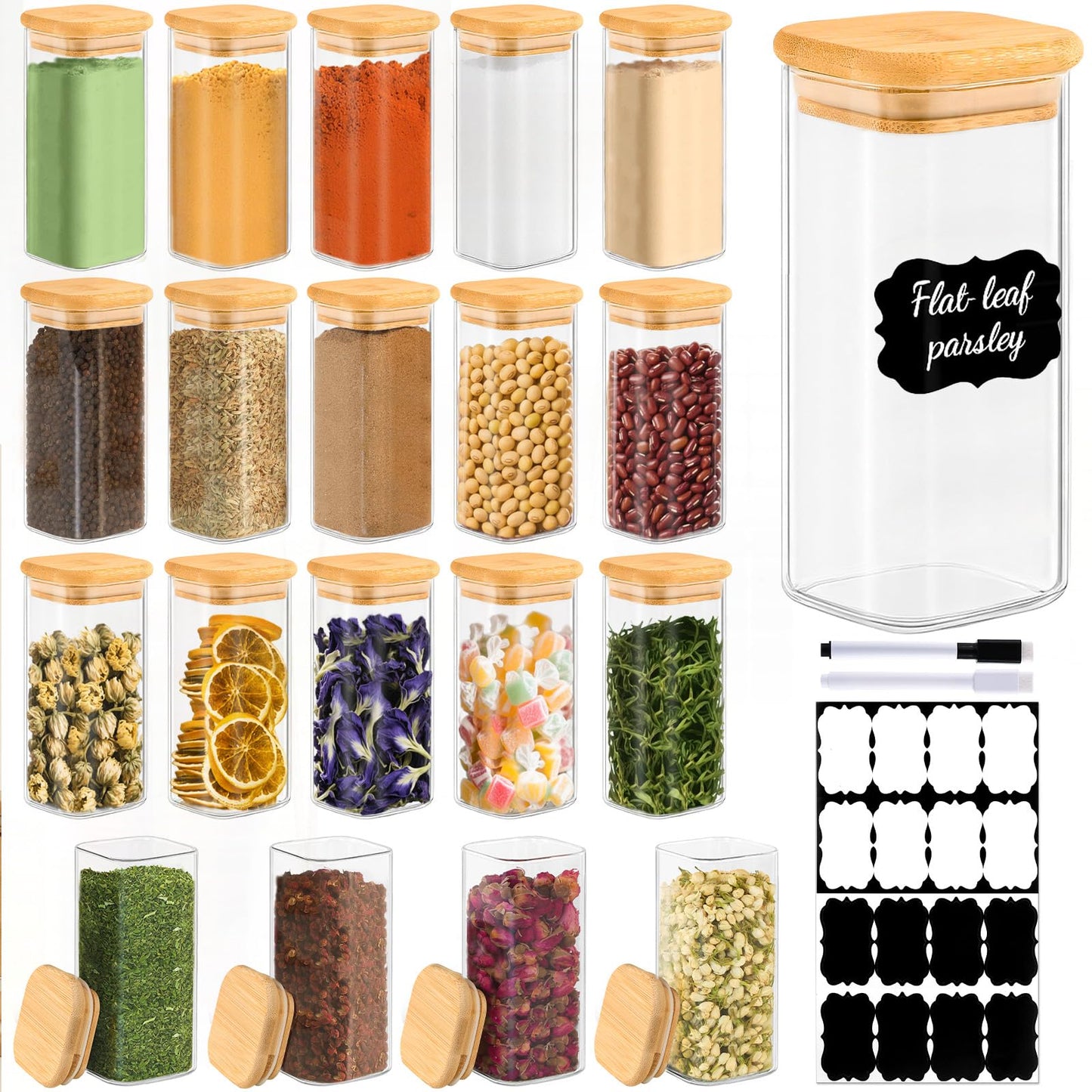 TBWIND 20 Pack 10 oz Square Glass Spice Jars with Lids and Labels – Airtight Small Spice Containers Set, Clear Glass Storage Jars for Seasoning, Spices, Kitchen Pantry Organization